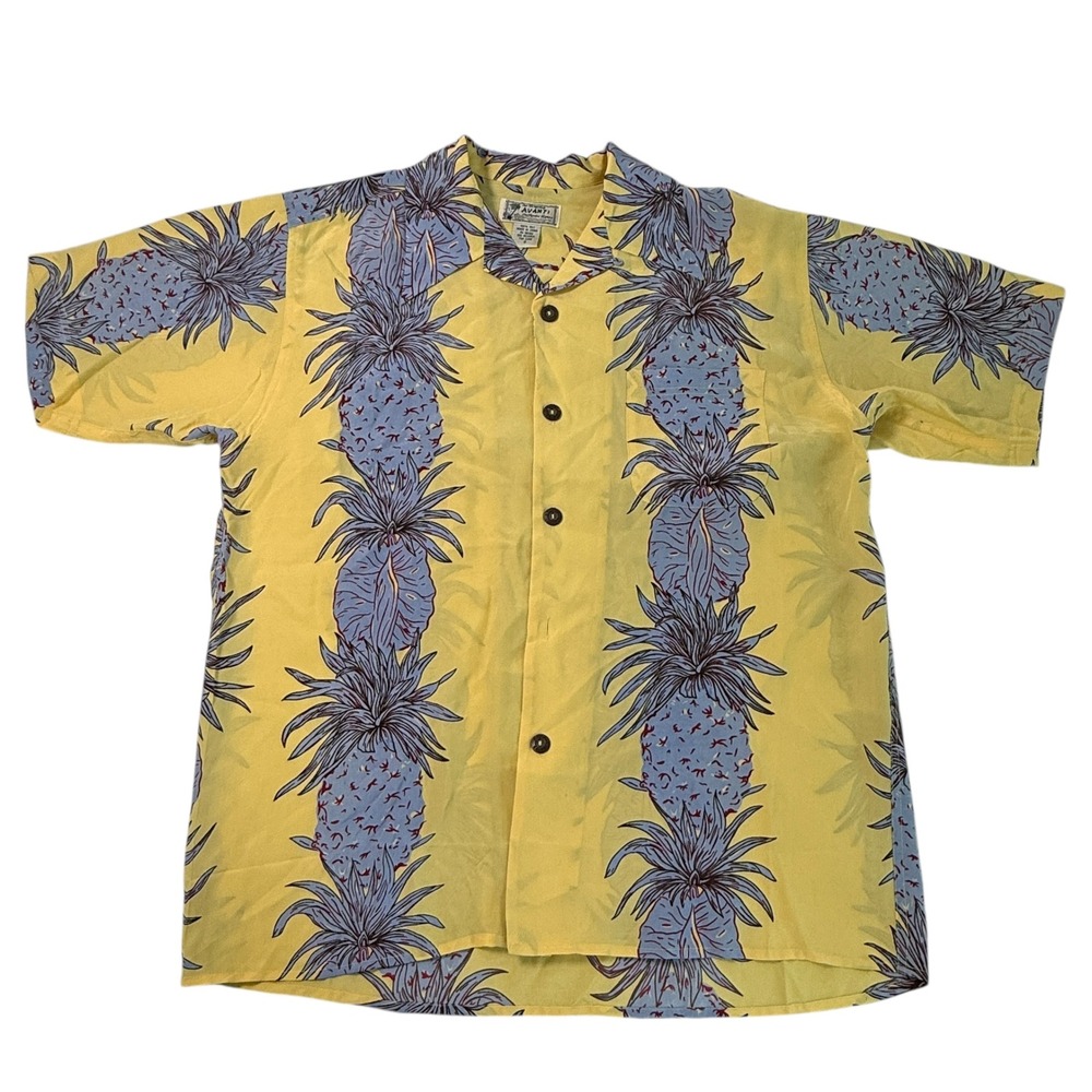 VTG Avanti Silk Hawaiian Shirt Mens Small‎ Yellow Blue Pineapple Missing Button*